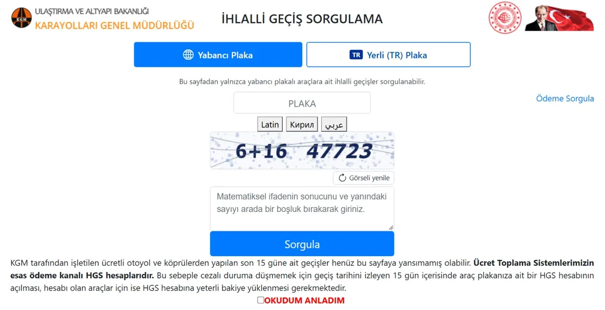 KGM İhlalli Geçiş Sorgulama sayfası Yabancı Plaka sekmesi: plaka alanı, Latin Kiril Arap klavye düğmeleri ve güvenlik kodu