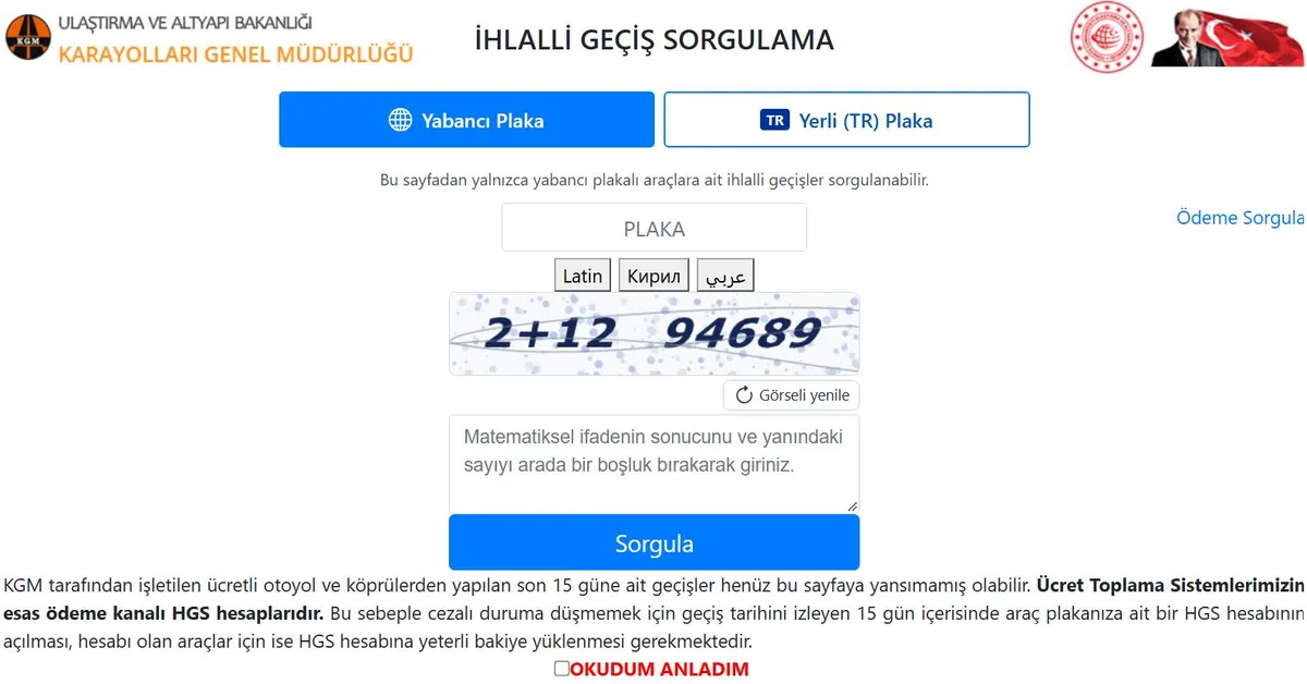 Karayolları Genel Müdürlüğü İhlalli Geçiş Sorgulama ekranı: yabancı plaka ve yerli plaka sekmeleri, plaka alanı ve doğrulama kodu