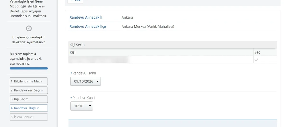 e-Devlet kimlik kartı randevusunda kişi seçimi, randevu tarihi ve randevu saati alanları