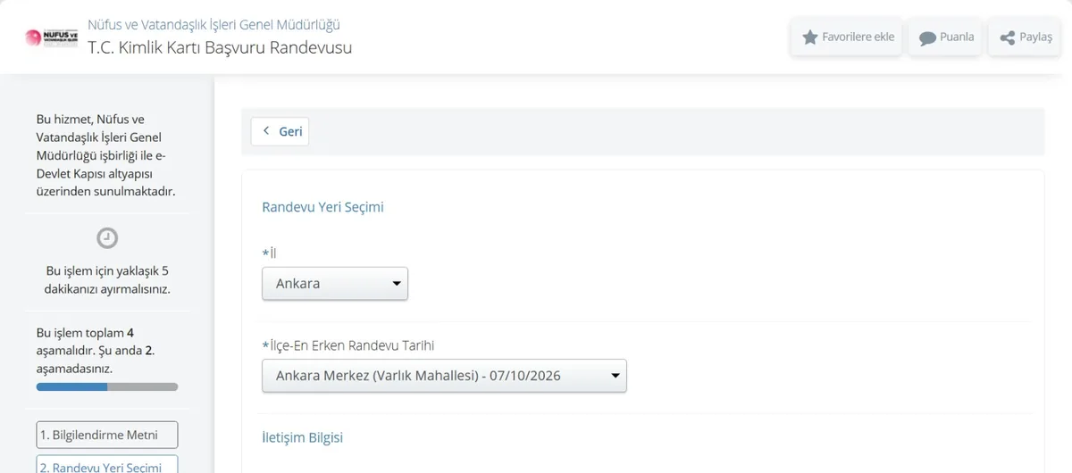 e-Devlet T.C. Kimlik Kartı Başvuru Randevusu: il ve ilçe - en erken randevu tarihi seçimi
