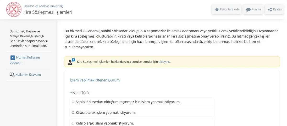 e-Devlet Hazine ve Maliye Bakanlığı Kira Sözleşmesi İşlemleri ekranı: işlem türü seçenekleri