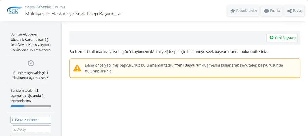 e-Devlet Maluliyet ve Hastaneye Sevk Talep Başvurusu ekranı: Yeni Başvuru düğmesi ve başvuru listesi