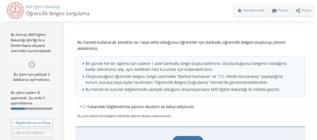 e-Devlet MEB Öğrencilik Belgesi Sorgulama ekranı: bilgilendirme maddeleri ve onay kutusu
