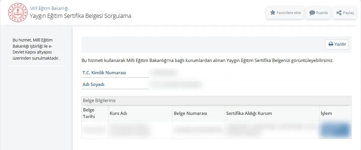 e-Devlet MEB Yaygın Eğitim Sertifika Belgesi Sorgulama ekranı: belge tarihi, kurs adı, belge numarası ve kurum sütunları