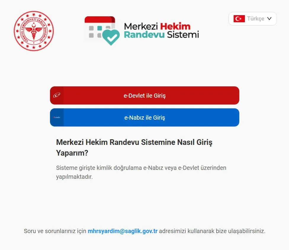 MHRS giriş ekranı: e-Devlet ile Giriş ve e-Nabız ile Giriş düğmeleri