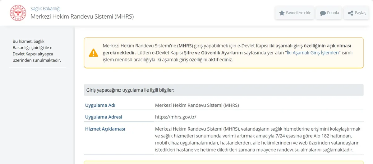 e-Devlet MHRS sayfasındaki uyarı: giriş için iki aşamalı giriş özelliğinin açık olması gerekir
