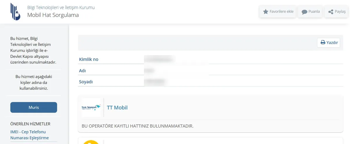 e-Devlet Mobil Hat Sorgulama ekranı: kimlik bilgileri ve operatör bazında kayıtlı hat sonuçları