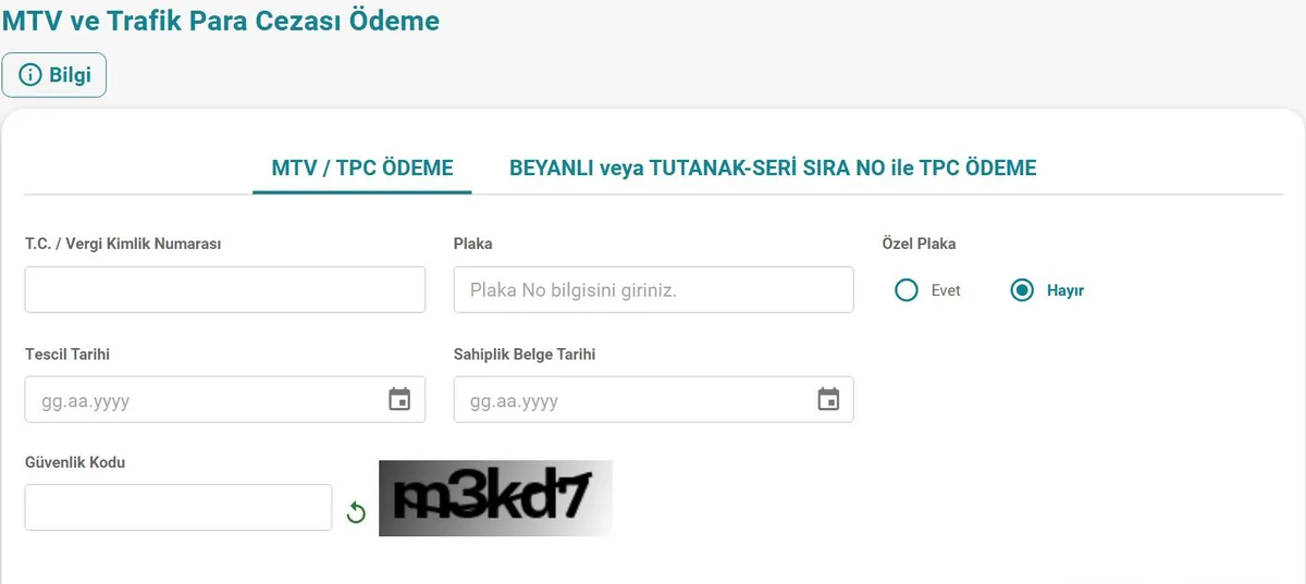 Dijital Vergi Dairesi MTV / TPC Ödeme (2026) Dijital Vergi Dairesi MTV ve Trafik Para Cezası Ödeme ekranı: T.C. kimlik no, plaka, tescil tarihi alanları
