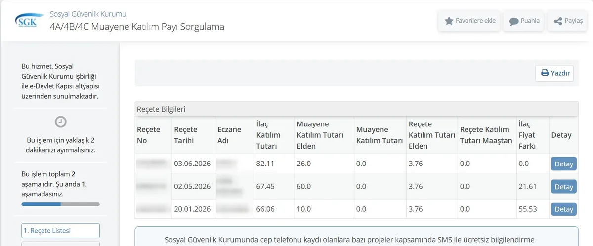 e-Devlet 4A/4B/4C Muayene Katılım Payı Sorgulama ekranı: reçete tarihi, ilaç, muayene ve reçete katılım tutarları tablosu