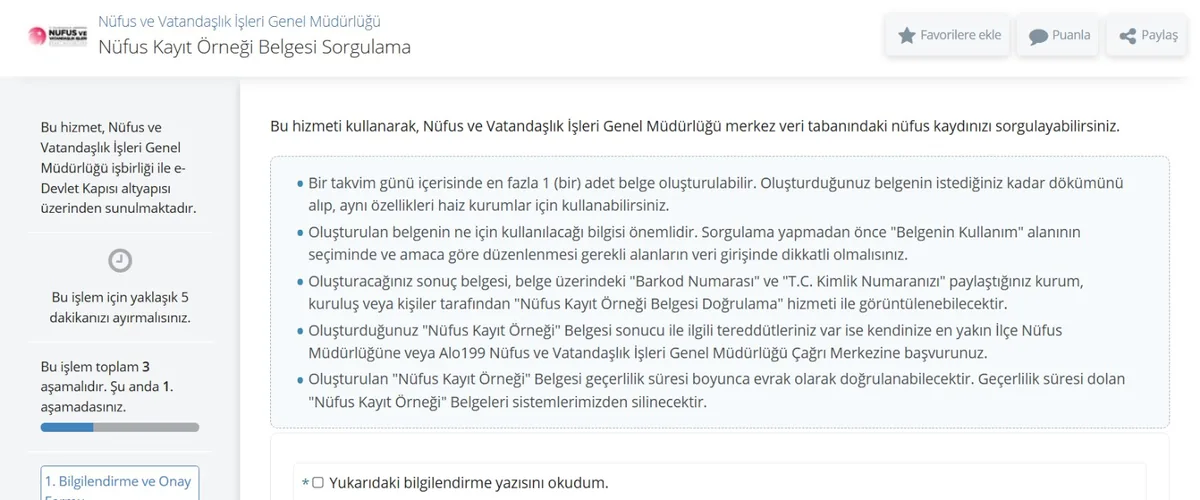 e-Devlet Nüfus Kayıt Örneği Belgesi Sorgulama hizmetinin bilgilendirme ve onay ekranı