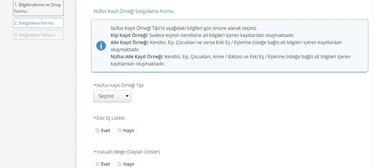 e-Devlet Nüfus Kayıt Örneği Sorgulama Formu: kişi, aile ve nüfus aile kayıt örneği açıklamaları, eski eş listele ve vukuatlı belge seçenekleri