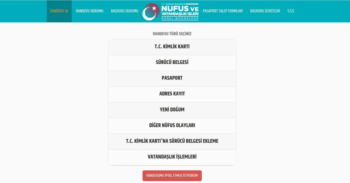NVİ Randevu Sistemi randevu türü seçimi ekranı: T.C. kimlik kartı, sürücü belgesi, pasaport, adres kayıt, yeni doğum ve diğer nüfus olayları