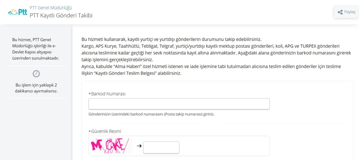 e-Devlet PTT Kayıtlı Gönderi Takibi ekranı: barkod numarası ve güvenlik resmi alanları