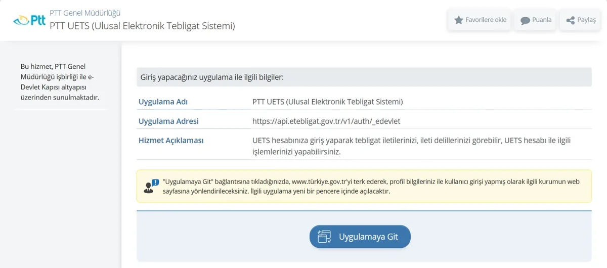 e-Devlet PTT UETS Ulusal Elektronik Tebligat Sistemi ekranı: Uygulamaya Git düğmesi