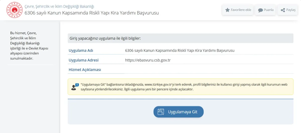 e-Devlet 6306 sayılı Kanun Kapsamında Riskli Yapı Kira Yardımı Başvurusu ekranı ve Uygulamaya Git düğmesi