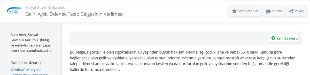 e-Devlet SGK Gelir, Aylık, Ödenek Talep Belgesinin Verilmesi ekranı ve Yeni Başvuru düğmesi