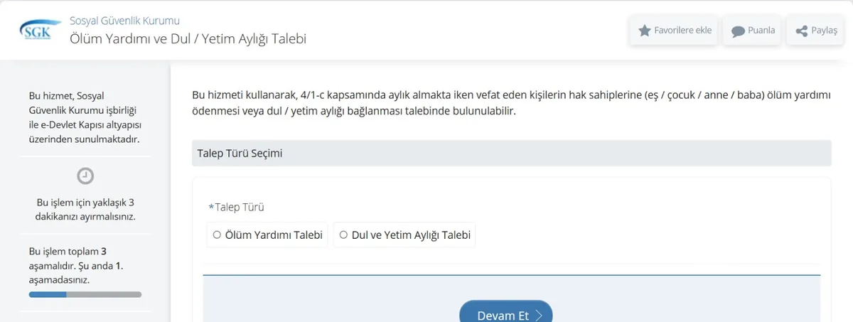 e-Devlet SGK Ölüm Yardımı ve Dul / Yetim Aylığı Talebi ekranı: talep türü seçimi