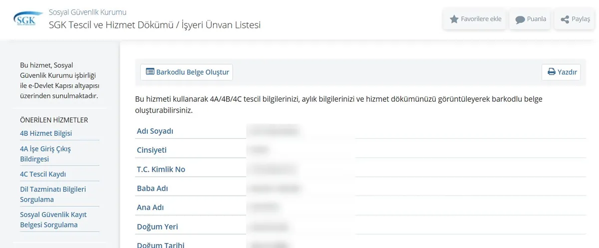 e-Devlet SGK Tescil ve Hizmet Dökümü / İşyeri Ünvan Listesi ekranı: Barkodlu Belge Oluştur ve Yazdır düğmeleri, kimlik bilgileri alanları