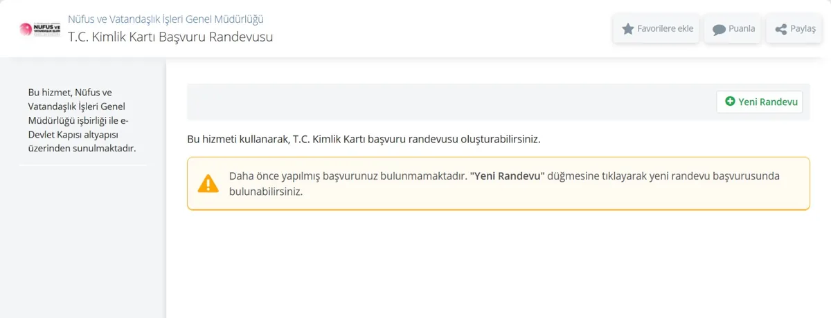 e-Devlet T.C. Kimlik Kartı Başvuru Randevusu hizmeti ve Yeni Randevu düğmesi
