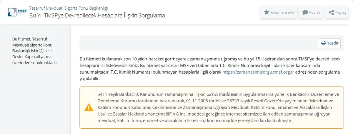 e-Devlet TMSF Bu Yıl TMSF'ye Devredilecek Hesaplara İlişkin Sorgulama ekranı