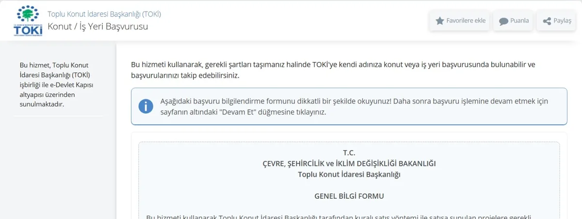 e-Devlet TOKİ Konut ve İş Yeri Başvurusu ekranı: Genel Bilgi Formu ve Devam Et adımı
