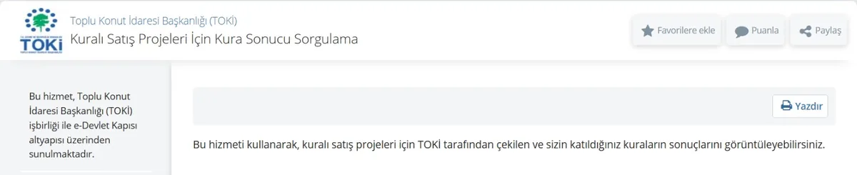 e-Devlet TOKİ Kuralı Satış Projeleri İçin Kura Sonucu Sorgulama ekranı