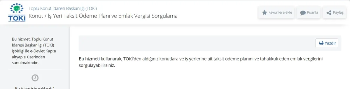 e-Devlet TOKİ Konut ve İş Yeri Taksit Ödeme Planı ve Emlak Vergisi Sorgulama ekranı