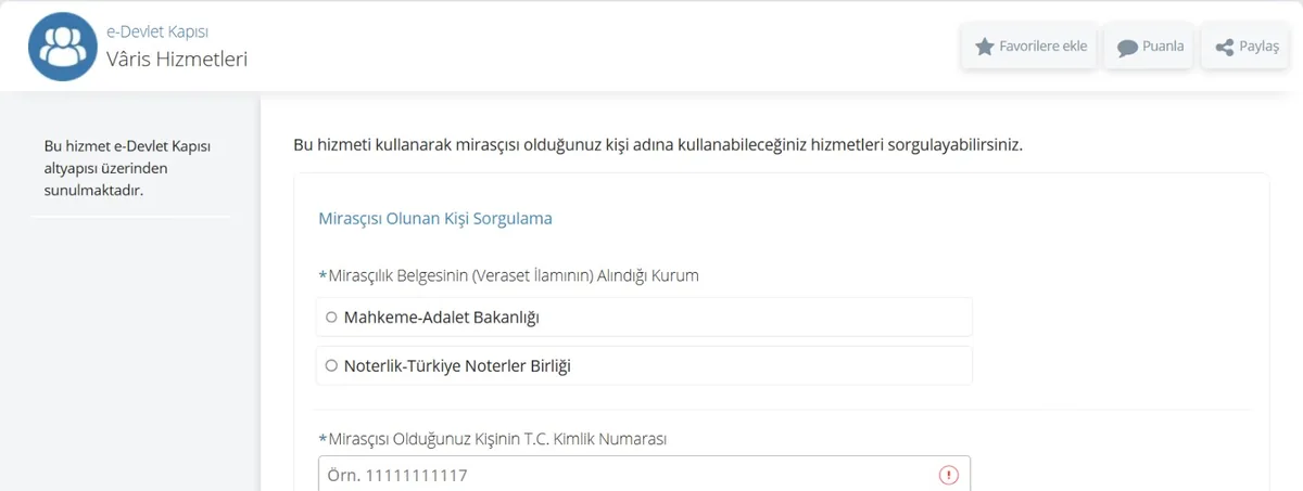 e-Devlet Vâris Hizmetleri ekranı: mirasçılık belgesinin alındığı kurum ve T.C. kimlik numarası alanları