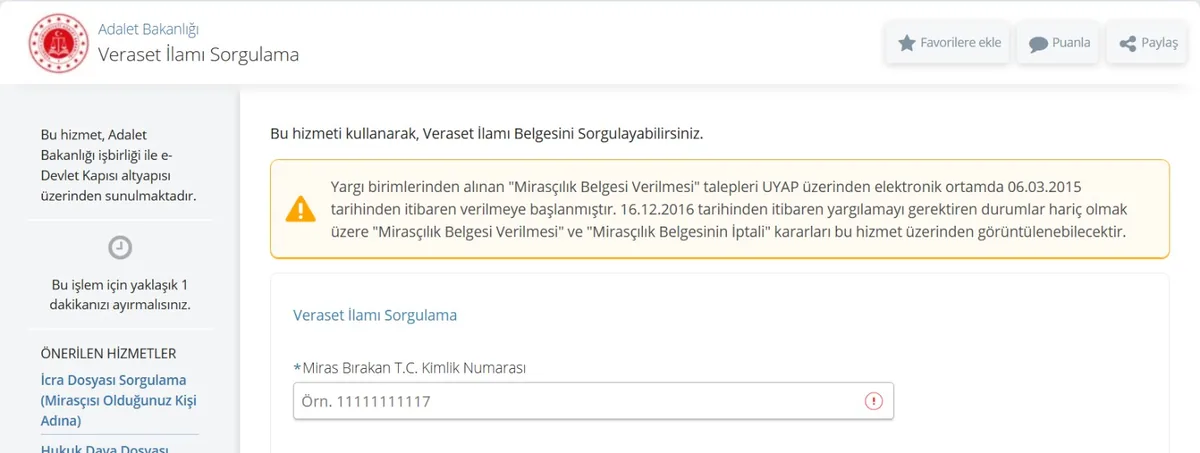 e-Devlet Adalet Bakanlığı Veraset İlamı Sorgulama ekranı: miras bırakan T.C. kimlik numarası alanı