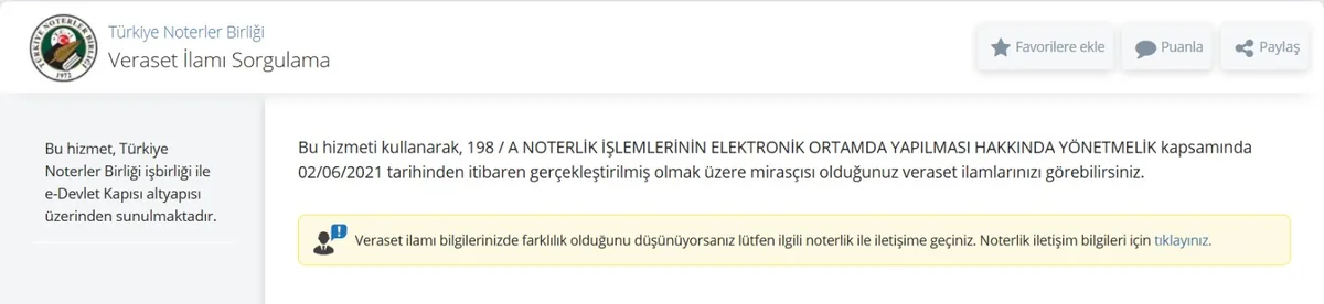 e-Devlet Türkiye Noterler Birliği Veraset İlamı Sorgulama ekranı