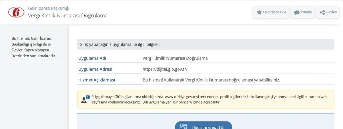 e-Devlet Vergi Kimlik Numarası Doğrulama ekranı: Dijital Vergi Dairesi'ne yönlendirme
