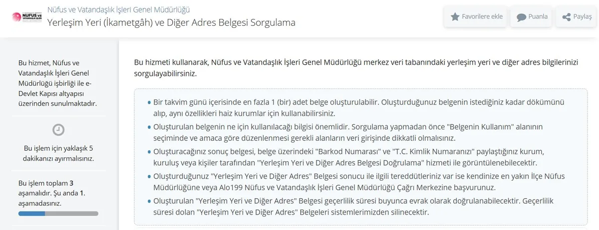 e-Devlet Yerleşim Yeri (İkametgâh) ve Diğer Adres Belgesi Sorgulama ekranı: bilgilendirme maddeleri