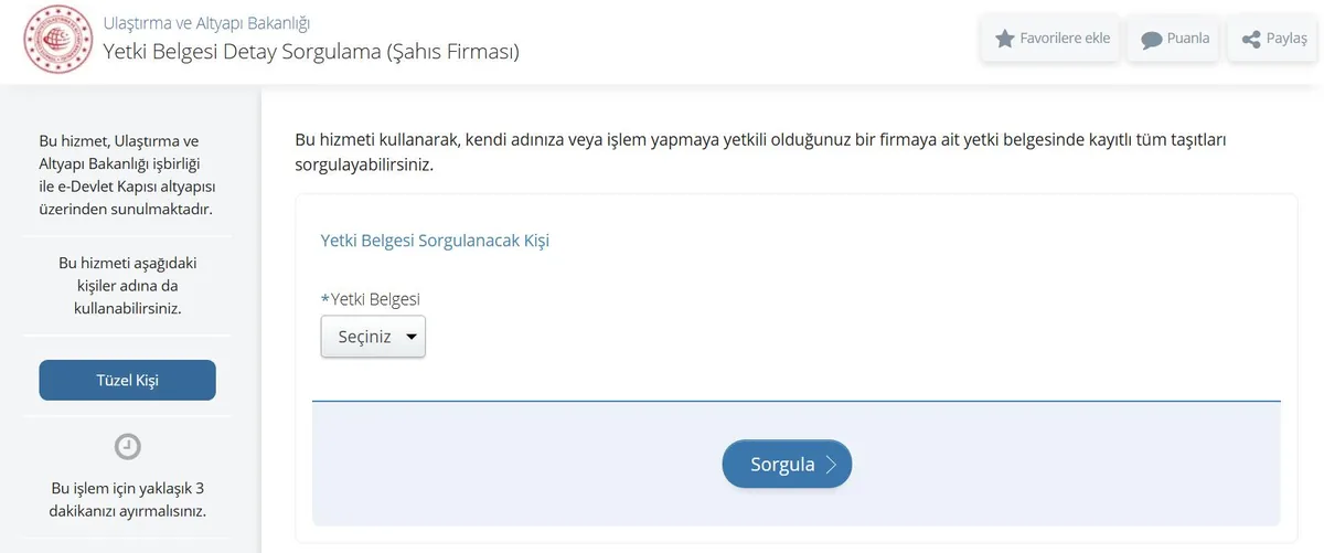 e-Devlet Yetki Belgesi Detay Sorgulama (Şahıs Firması) ekranı: yetki belgesi seçimi, Sorgula ve Tüzel Kişi düğmeleri