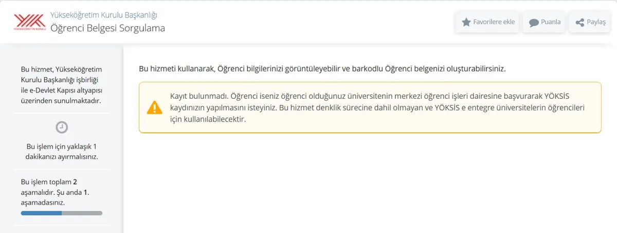 e-Devlet YÖK Öğrenci Belgesi Sorgulama ekranı: öğrenci bilgileri ve barkodlu belge oluşturma