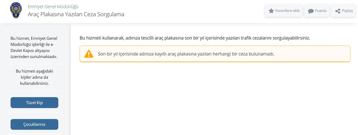 e-Devlet Araç Plakasına Yazılan Ceza Sorgulama ekranı: Tüzel Kişi ve Çocuklarınız seçenekleri