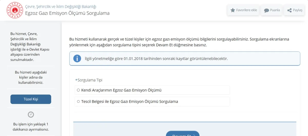 e-Devlet Egzoz Gazı Emisyon Ölçümü Sorgulama ekranı: sorgulama tipi seçenekleri