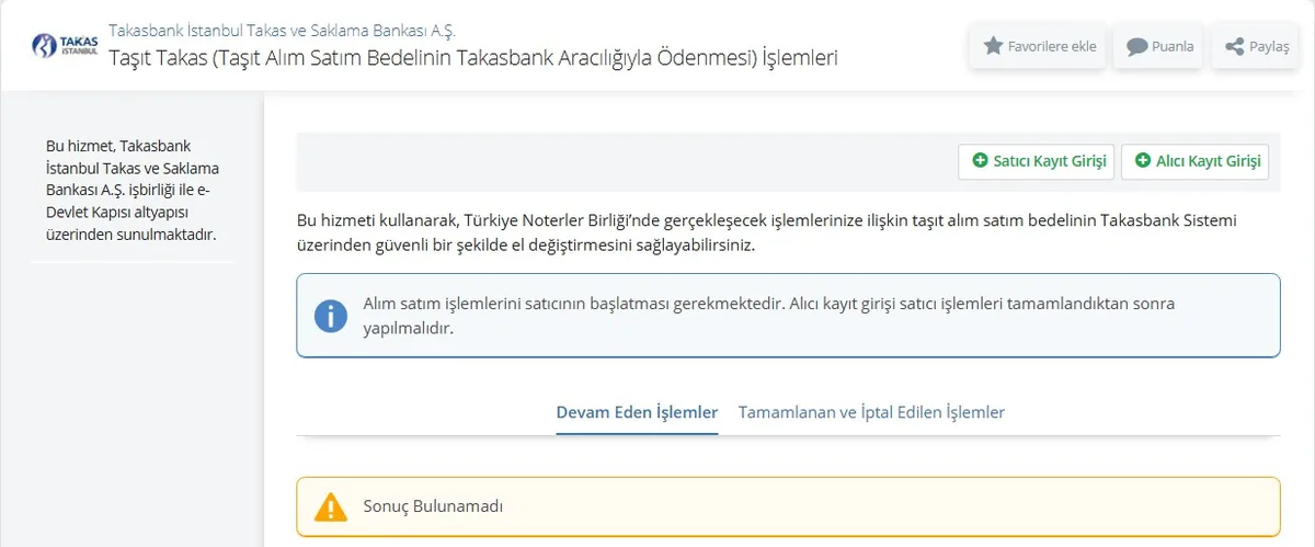 e-Devlet Takasbank Taşıt Takas İşlemleri ekranı: Satıcı Kayıt Girişi ve Alıcı Kayıt Girişi düğmeleri