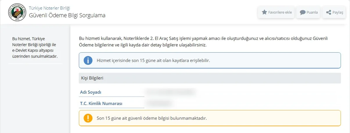 e-Devlet Türkiye Noterler Birliği Güvenli Ödeme Bilgi Sorgulama ekranı