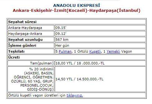 anadolu ekspresi tarife