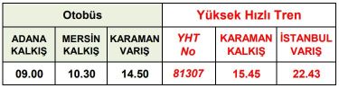 karaman istanbul yht adana otobüs baglanti saatleri